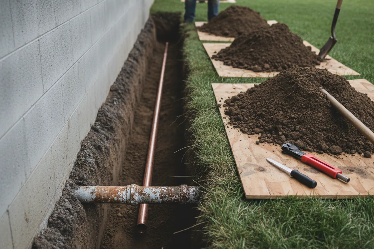 Excavated water line trench during Water Heater Repair in Perkinsville